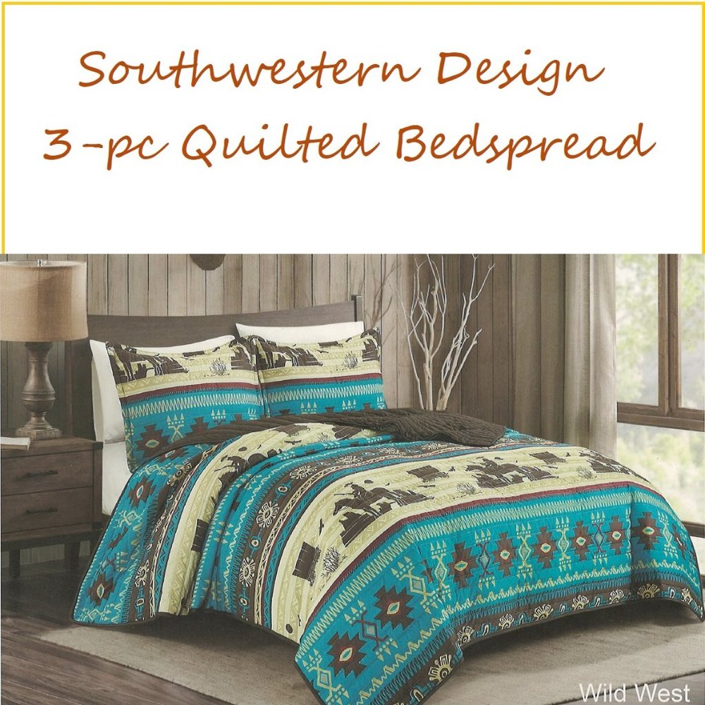 Southwestern Design 3 Piece Quilted Bedspread Set - Turquoise Southwestern print
